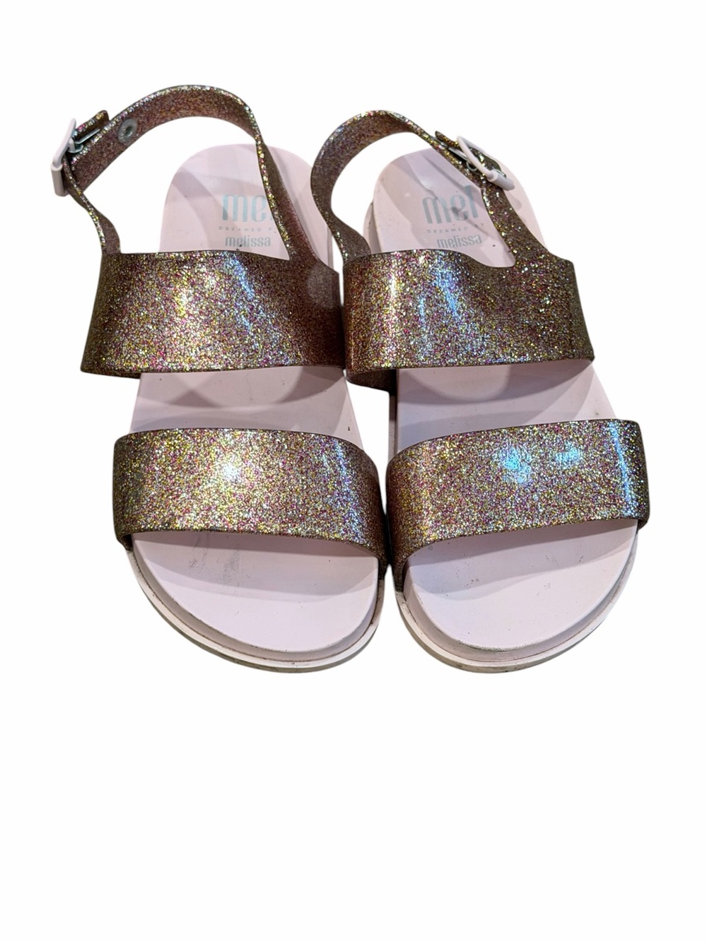 Mini Melissa,  Kids Iridescent Glitter Strap Sandals in Gold-Pink, Size 3